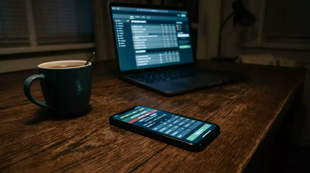Smartphone displaying a boxing betting app next to a laptop on a dark desk at night