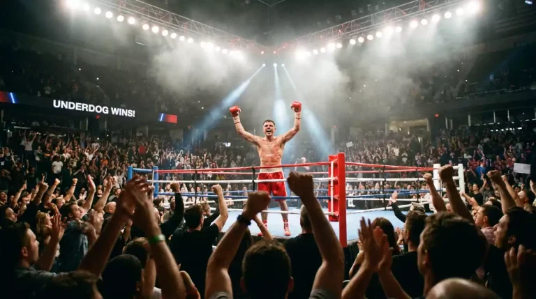A boxing underdog standing victorious in the ring with arms raised while the stunned crowd reacts