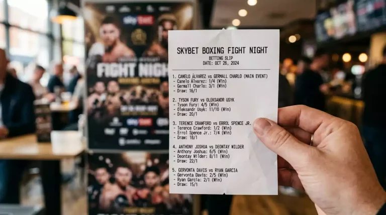 A multi-leg boxing accumulator bet slip showing several fight selections on a UK card