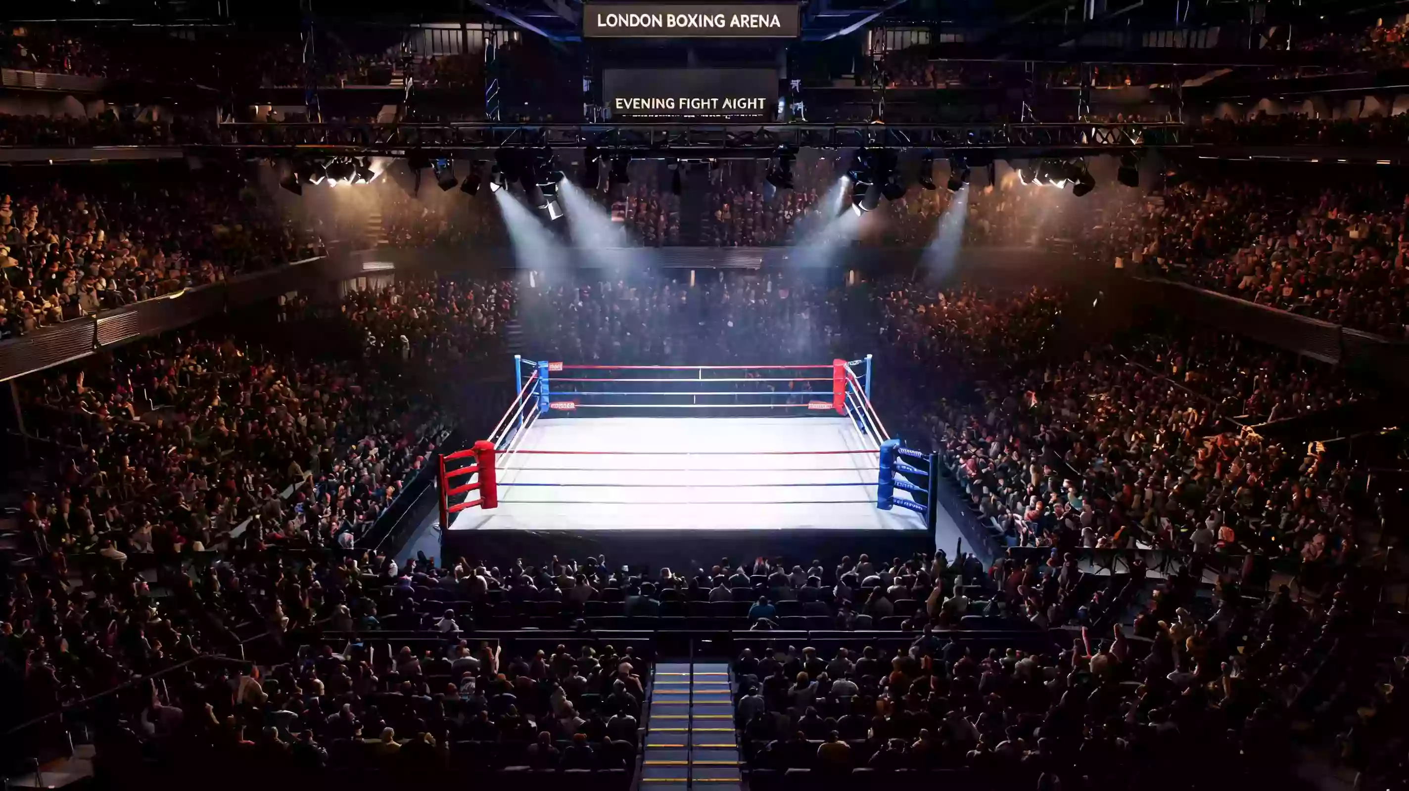 Packed boxing arena crowd on fight night in the United Kingdom with ring lights illuminating the venue