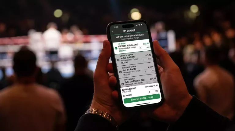 A bet builder interface combining moneyline, round, and method of victory selections for a boxing fight