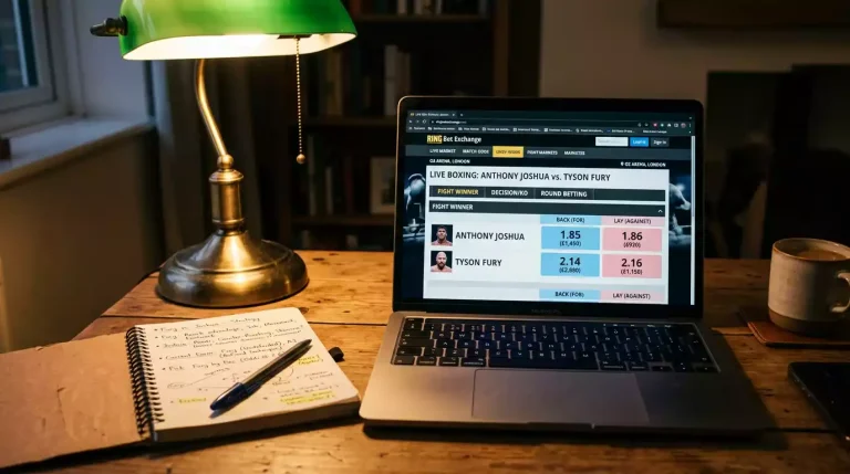 Boxing betting exchange interface showing back and lay odds for an upcoming championship fight