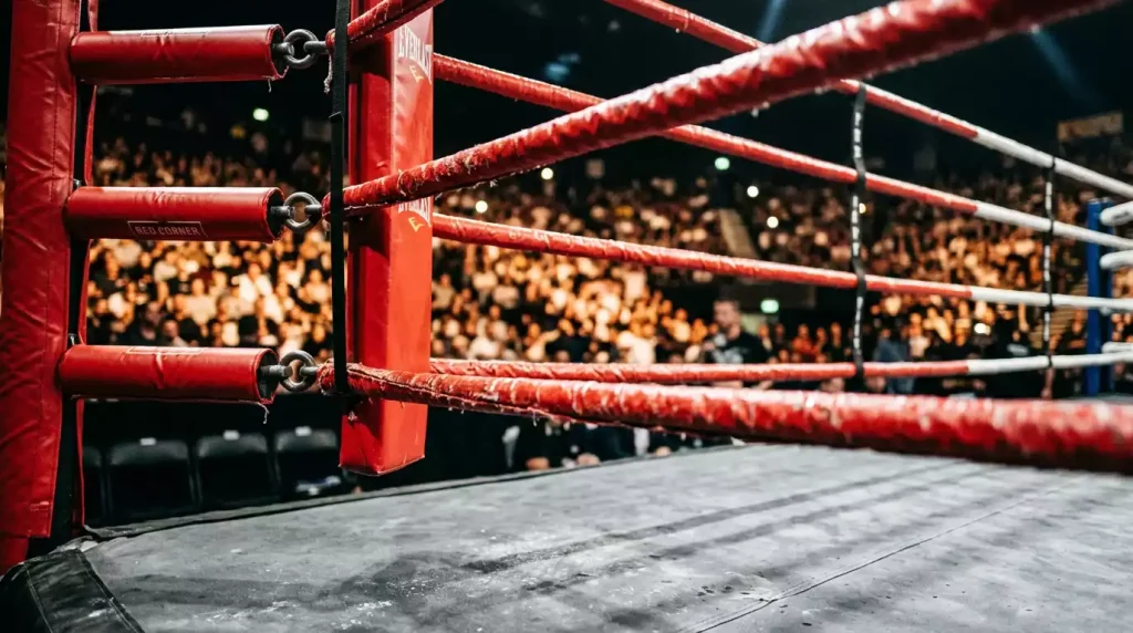 Close-up of a boxing ring corner post with red ropes and a blurred crowd under arena lights