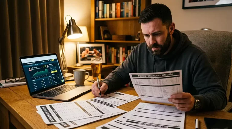 Frustrated bettor reviewing losing boxing bet slips while analysing fight statistics