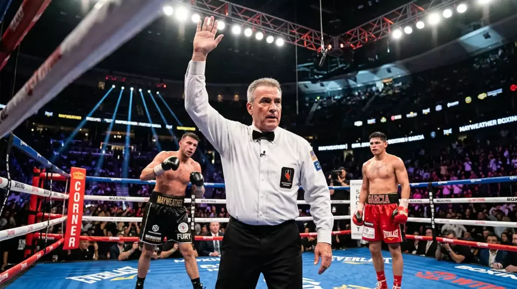 A boxing referee stopping a fight while betting settlement rules apply to the outcome