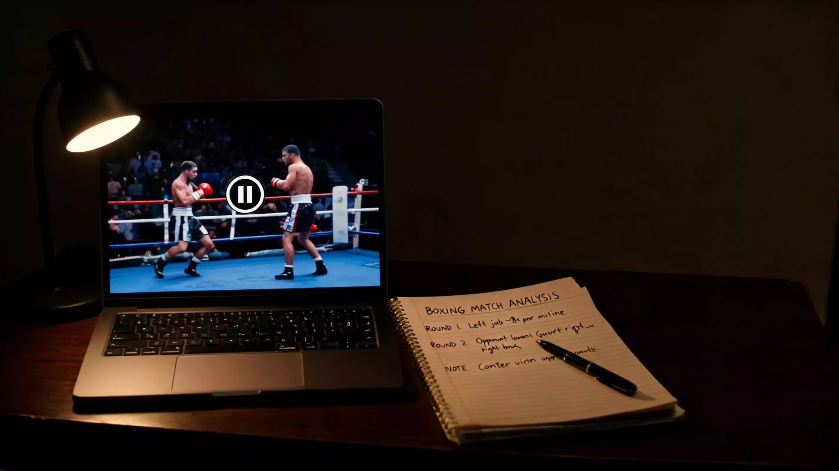 Analyst desk with laptop showing boxing fight footage and a notebook of fight analysis notes