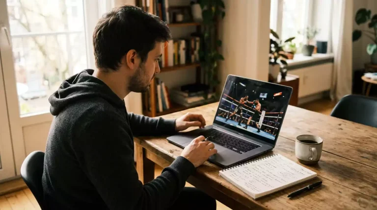 A person reviewing boxing fight footage on a laptop with handwritten notes and statistics on the desk