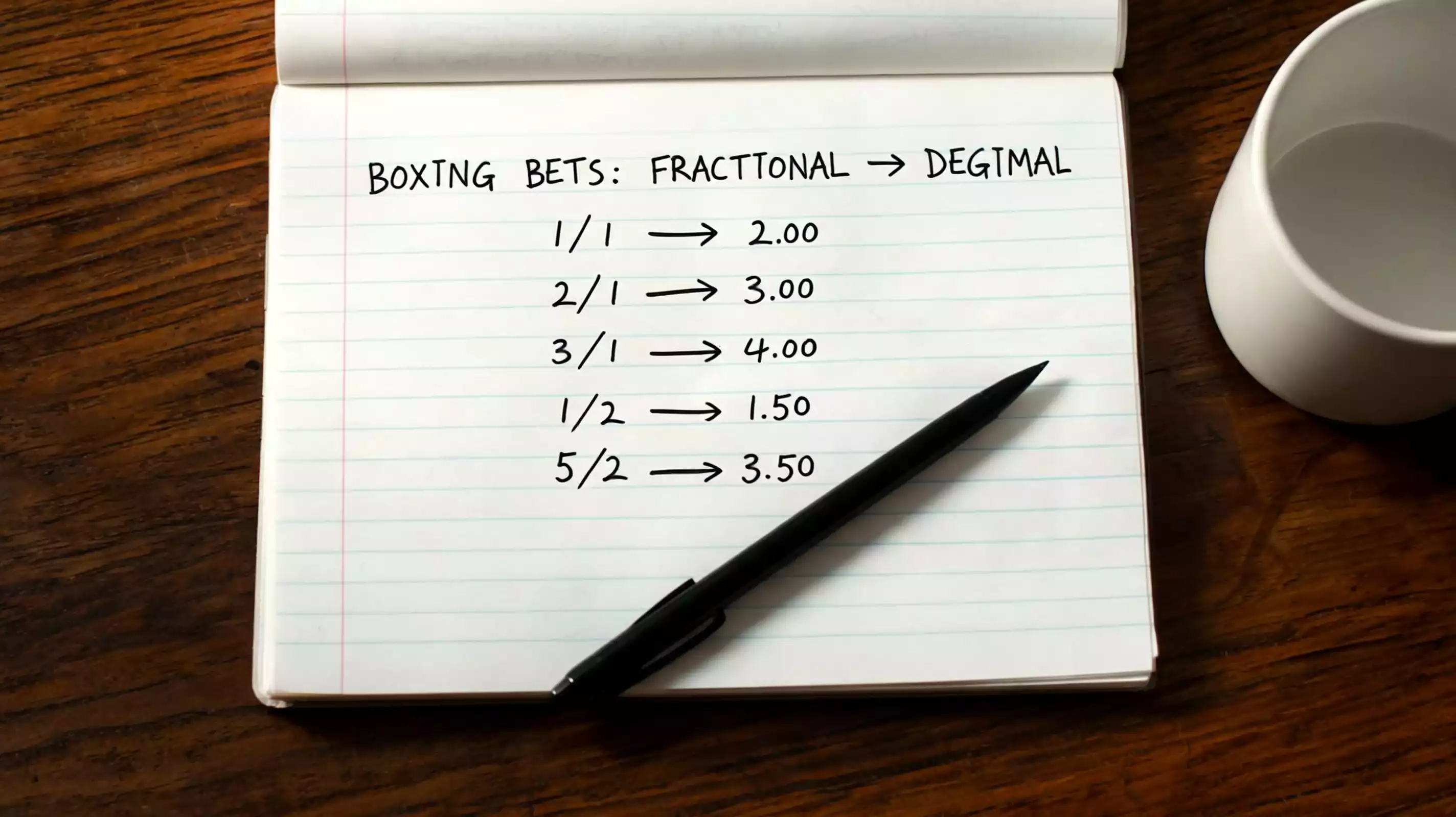 Handwritten boxing fractional odds and implied probability calculations on a notepad