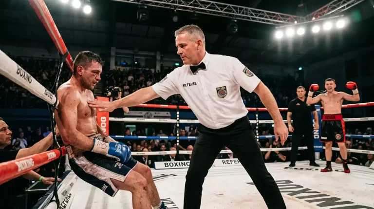 A professional boxing referee standing between two fighters in the ring during a stoppage