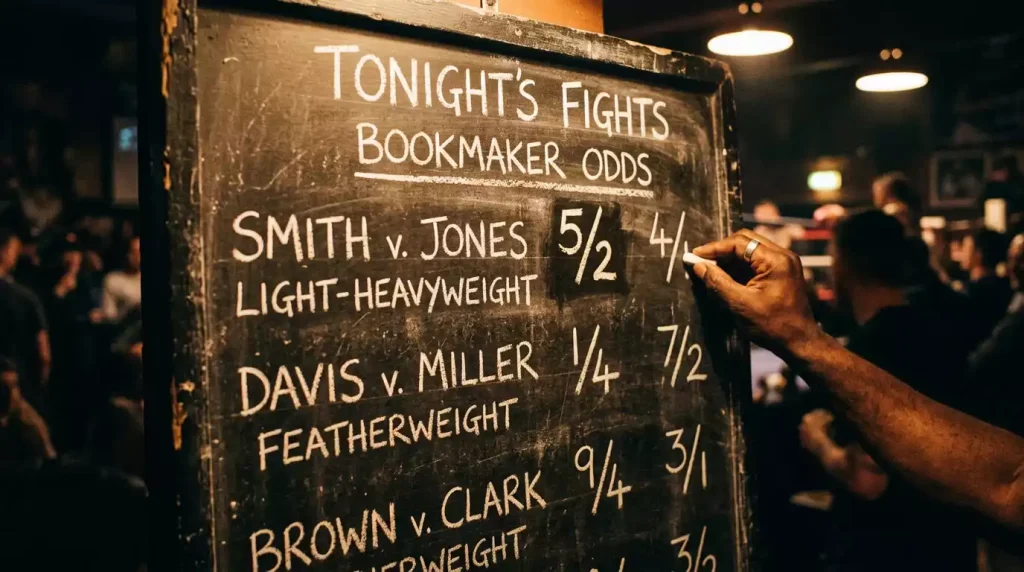 Fractional boxing odds chalked on a dark bookmaker board under warm spotlight