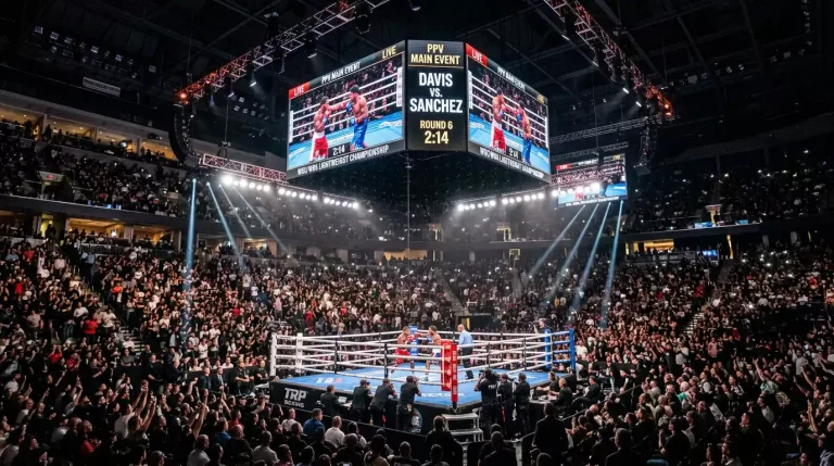 Major boxing pay-per-view event with packed arena and betting odds displayed on screens