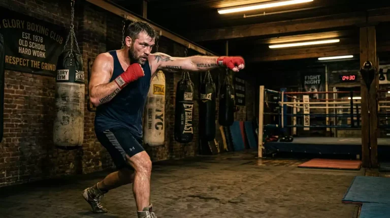 Veteran boxer returning to the ring after retirement with betting odds displayed on the arena screen