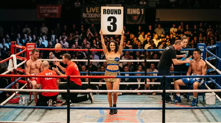 A boxing ring between rounds with the round number card held high and corner teams attending their fighters
