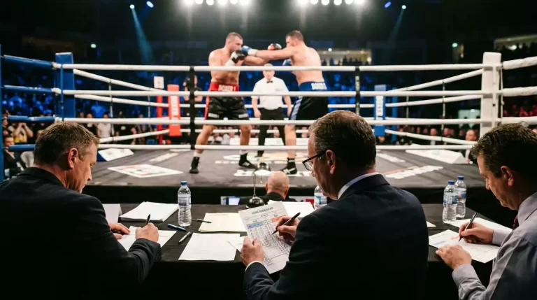 Boxing judges seated at ringside with scorecards and pens during a professional championship bout