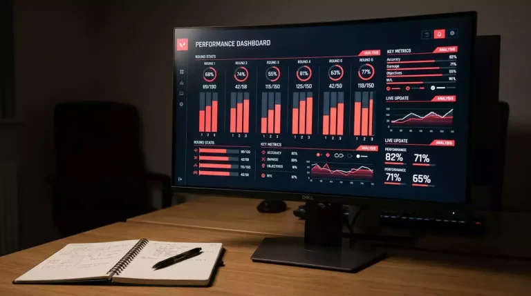 A data dashboard on a monitor showing boxing punch statistics with accuracy percentages and round-by-round output charts