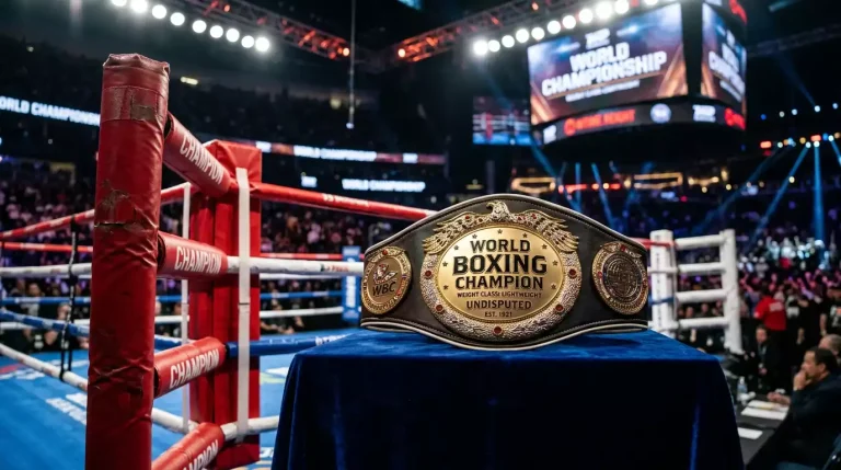 Championship boxing belt displayed alongside betting odds for a world title fight