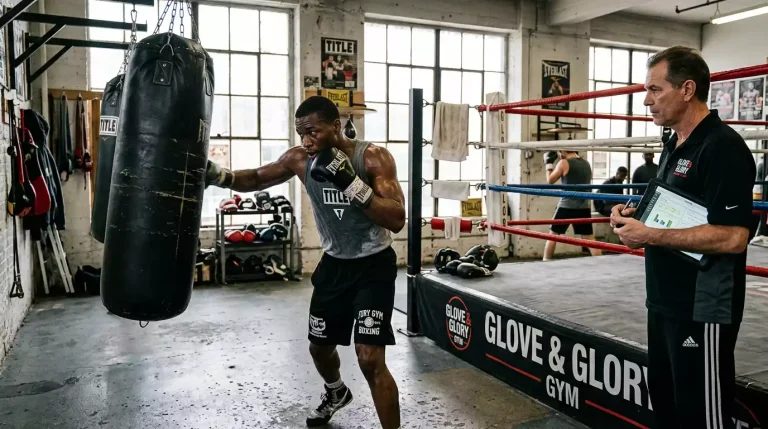 Boxer training in camp with coaching staff while pre-fight data and reports are reviewed