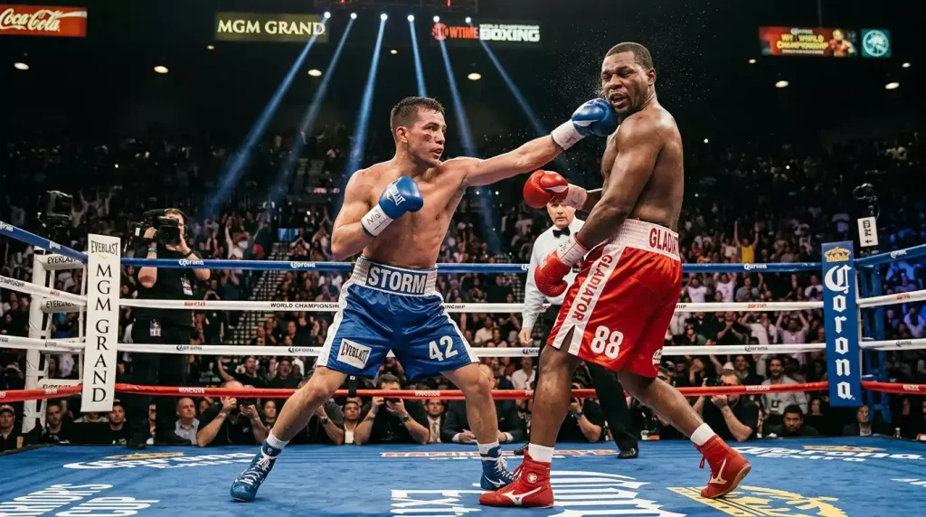 An underdog boxer landing a surprise punch while odds boards shift in the background