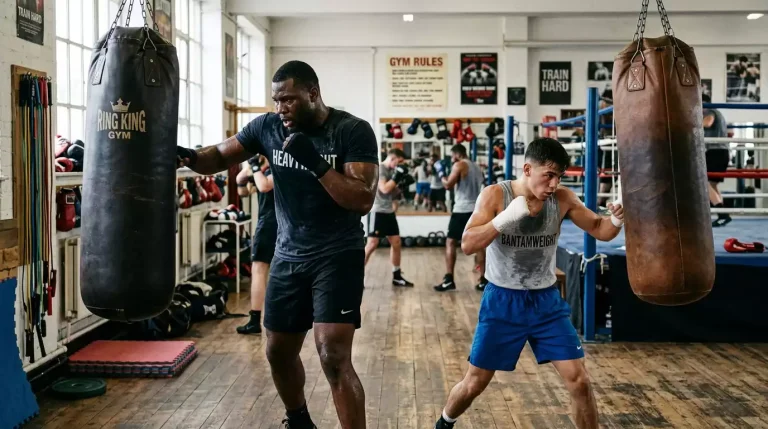 Professional boxers from different weight divisions training side by side in a boxing gym showing the size contrast