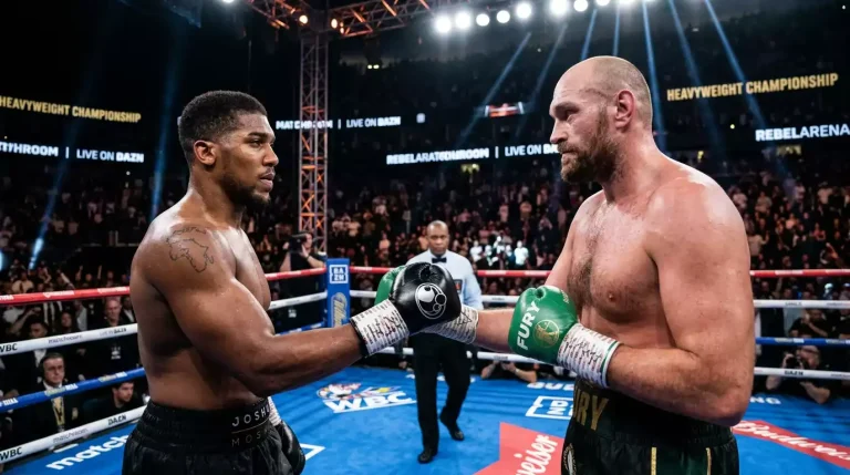 Two heavyweight boxers facing off at a weigh-in with UK bookmaker odds displayed on screens behind them