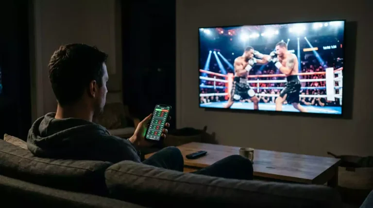 A bettor watching a live boxing match on a large screen with shifting in-play odds visible on a mobile phone