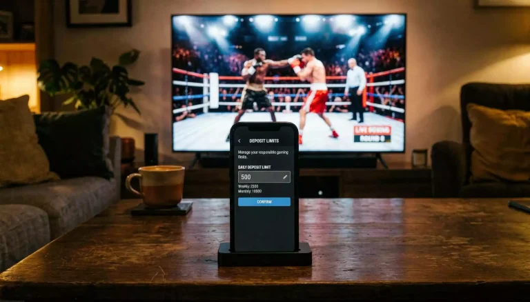 A mobile phone displaying deposit limit settings alongside a paused boxing match broadcast on a television