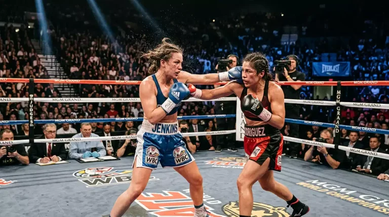 Two female boxers in a championship fight with ringside judges and a packed arena